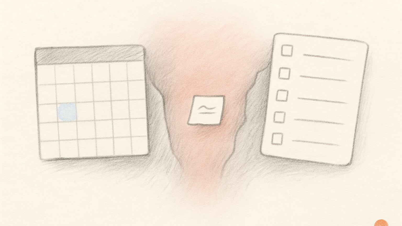 Hand-drawn doodle on cream paper showing a small monthly calendar grid on the left and a vertical to-do list on the right, separated by a softly shaded coral pink gap with a single small paper scrap floating in the middle. No text or labels.
