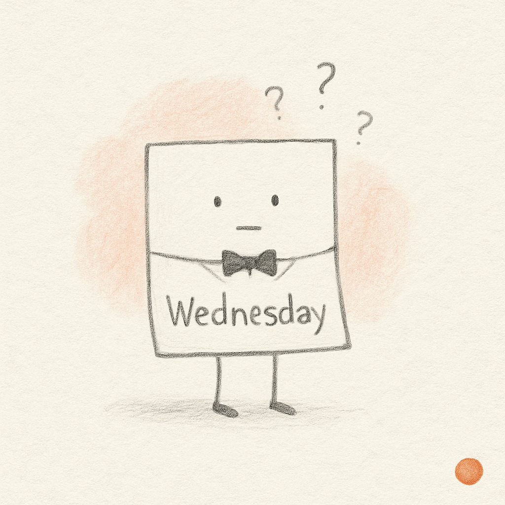 A hand-drawn paper card labeled "Wednesday" with two thin pencil legs, wearing a small black bow tie and a formal collar. The card has a sheepish doodled face. Faint pencil question marks drift above. A soft coral wash sits behind it.