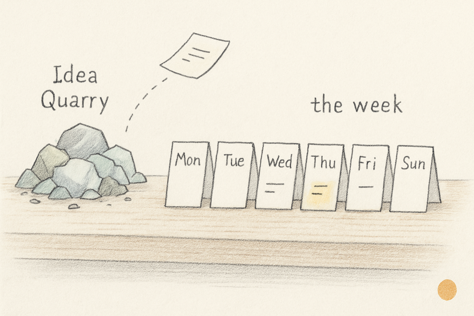 Hand-drawn landscape doodle. On the left, a small pile of loose paper scraps and rough rocks labeled "Idea Quarry" sits on a wood-grained surface. On the right, six upright paper cards labeled Mon, Tue, Wed, Thu, Fri, Sun stand on a wooden workbench under the label "the week". One scrap from the pile floats across a dotted pencil arc toward the Thursday card, which has a soft yellow wash behind it.