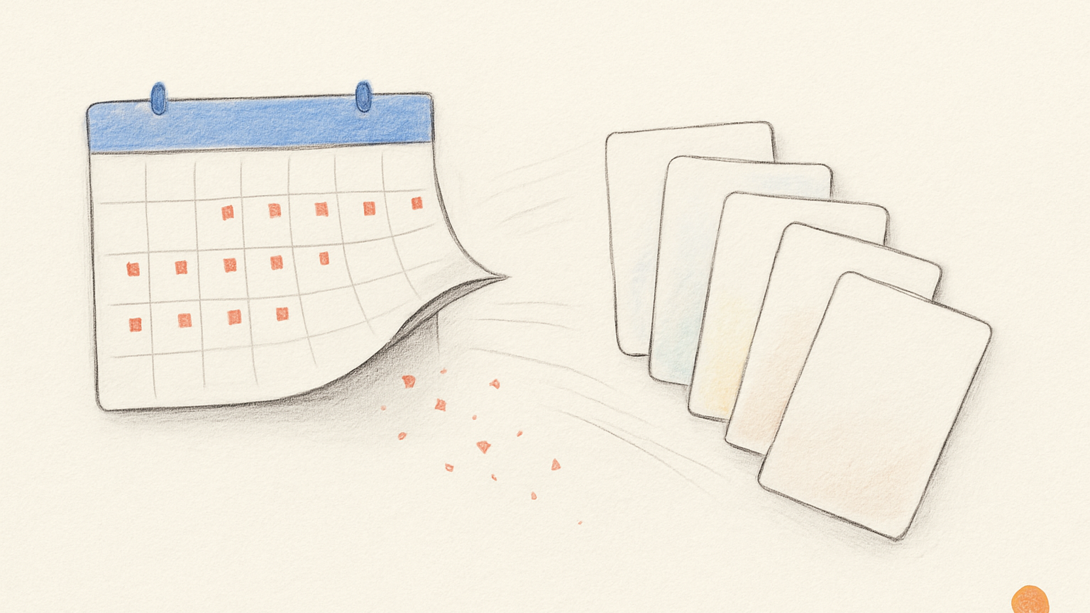 A hand-drawn calendar with little red date stamps curling away at the edge, while a row of blank weekday paper cards lifts up beside it on cream paper.