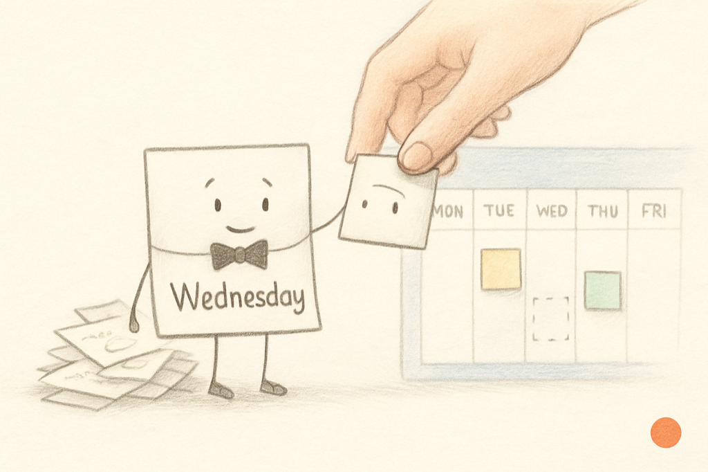 A landscape doodle of a gentle human hand lifting a small square task-card character with a black bow tie and thin pencil legs out of a loose pile of rough cards on the left, carrying him toward a five-column weekly slate on the right where a dotted outline waits for him in the Thursday column.