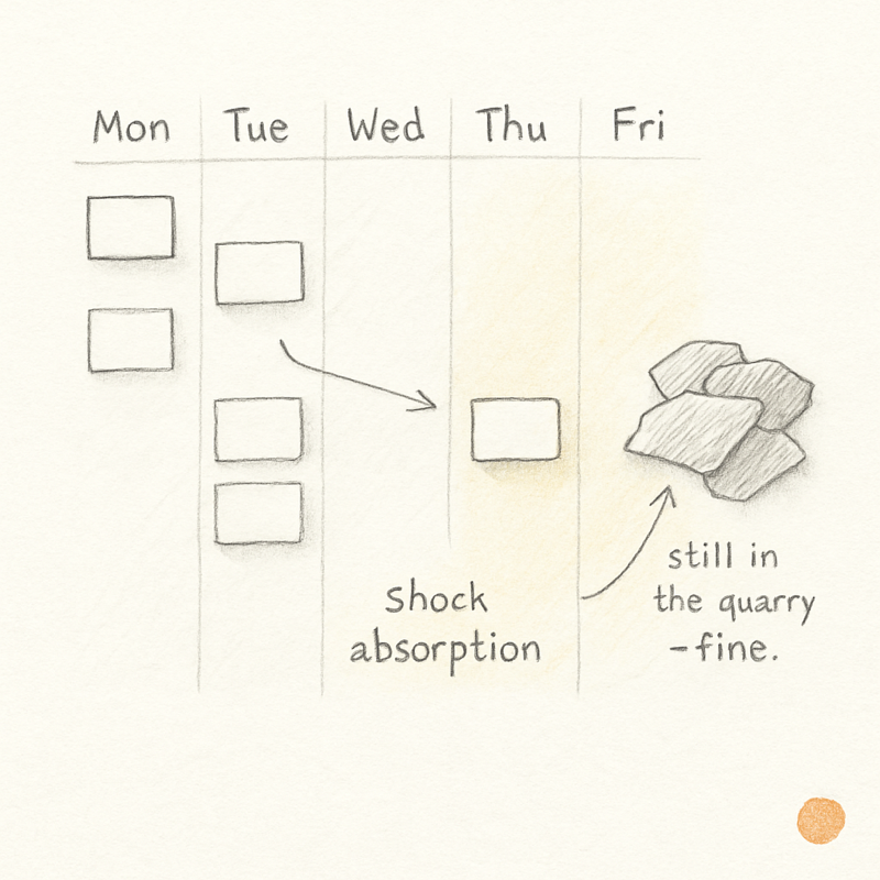 A square hand-drawn diagram of a weekly slate with five day columns. Monday through Thursday hold a handful of plain task cards, including a thin pencil arrow showing a mid-week move. Friday holds only one card in a generous pale-yellow-washed space labelled "shock absorption." A small loose pile of three rough leftover cards sits to the right of the slate, captioned "still in the quarry — fine."