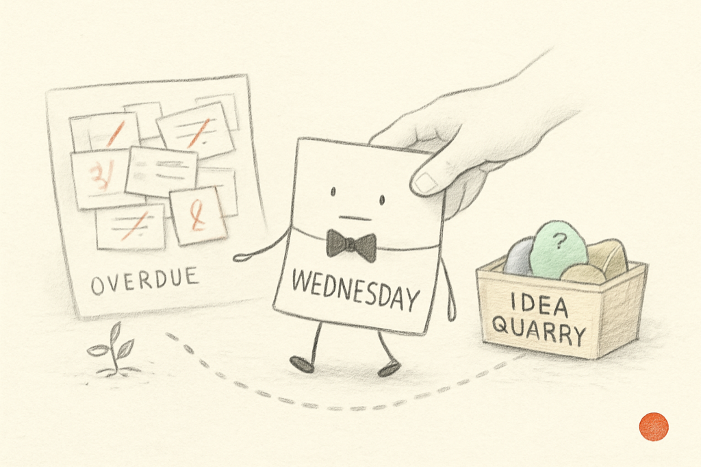 Sketch of Wednesday — a small square paper task card with a doodled face, bow tie, and pencil legs — being lightly guided by a soft pencil hand away from a faded cluttered overdue planner on the left toward a small wooden crate labeled "IDEA QUARRY" on the right.