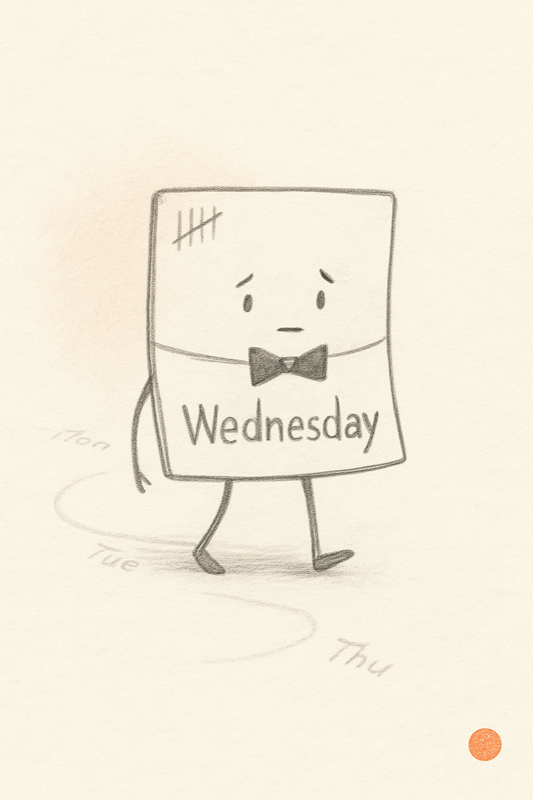 Wednesday — a small square paper task card with a doodled face, thin pencil legs, and a black bow tie — looking weary with bow tie askew, the back of his card covered in pencil tally marks counting the days he has survived rollover.