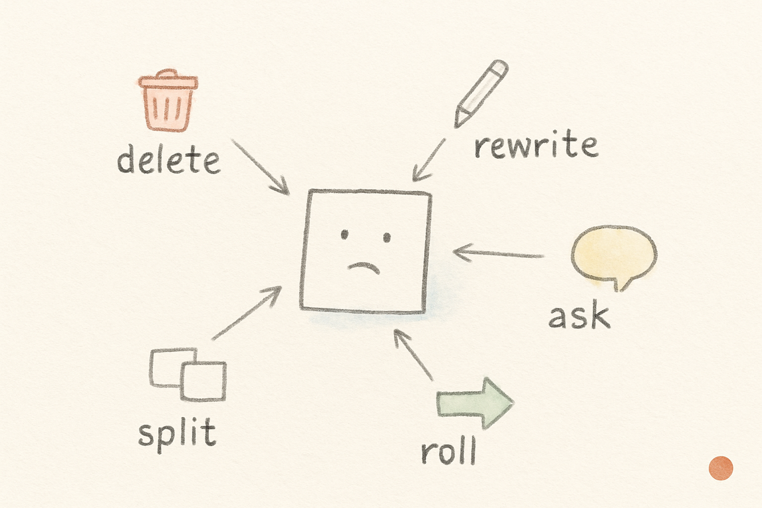 A small paper task card in the middle of a cream page, with five faint pencil arrows fanning outward to five tiny icons labeled in lowercase pencil: delete, rewrite, split, ask, and roll — a gentle decision fan rather than a rigid flowchart.