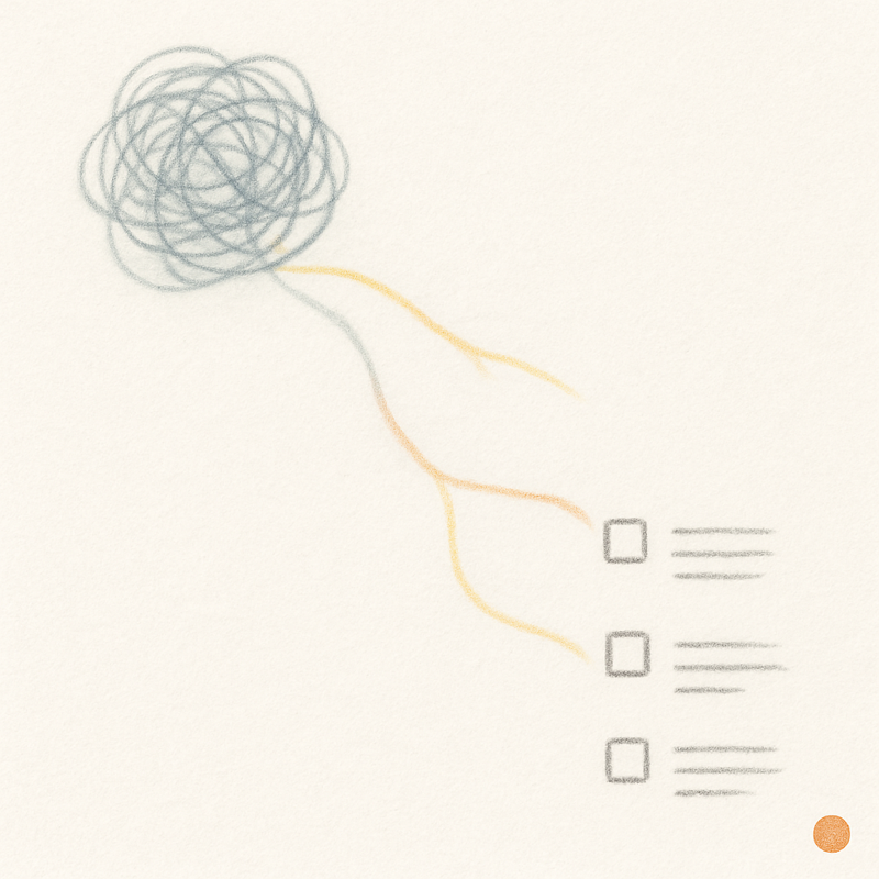 A tangled ball of pencil thread separates into three threads that resolve into three discrete checkbox task items below.