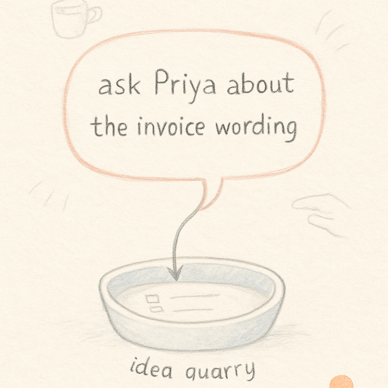 A hand-drawn chat bubble containing a quick reminder, with an arrow pointing down into a small basin labeled "idea quarry" holding tiny task rows.