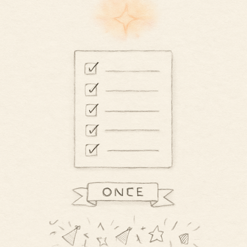 A hand-drawn list with all items checked sits below a single soft sparkle, while crossed-out confetti and party-hat icons are scattered below to show what was rejected.