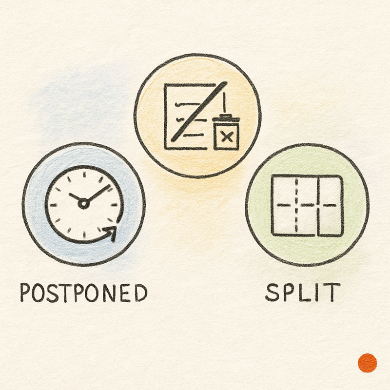 Three quirky hand-drawn medallions labeled Postponed, Deleted, and Split, each illustrating a calm planning skill rather than a productivity trophy.
