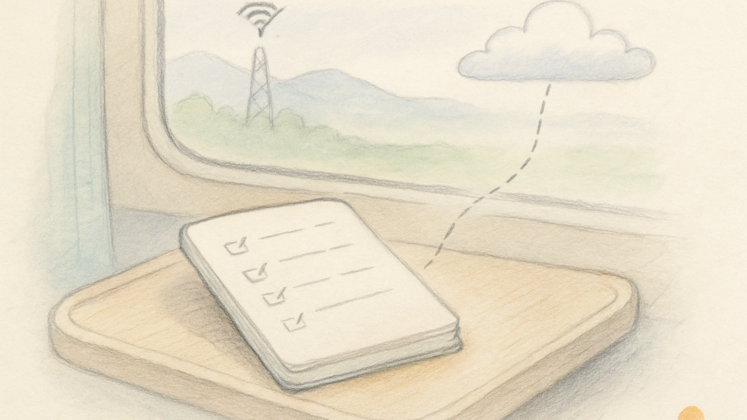 A hand-drawn doodle of an open notebook on a train tray-table beside a window, with a faded dashed line trailing up to a small pastel cloud, suggesting a dropped network connection while the notebook itself stays grounded.