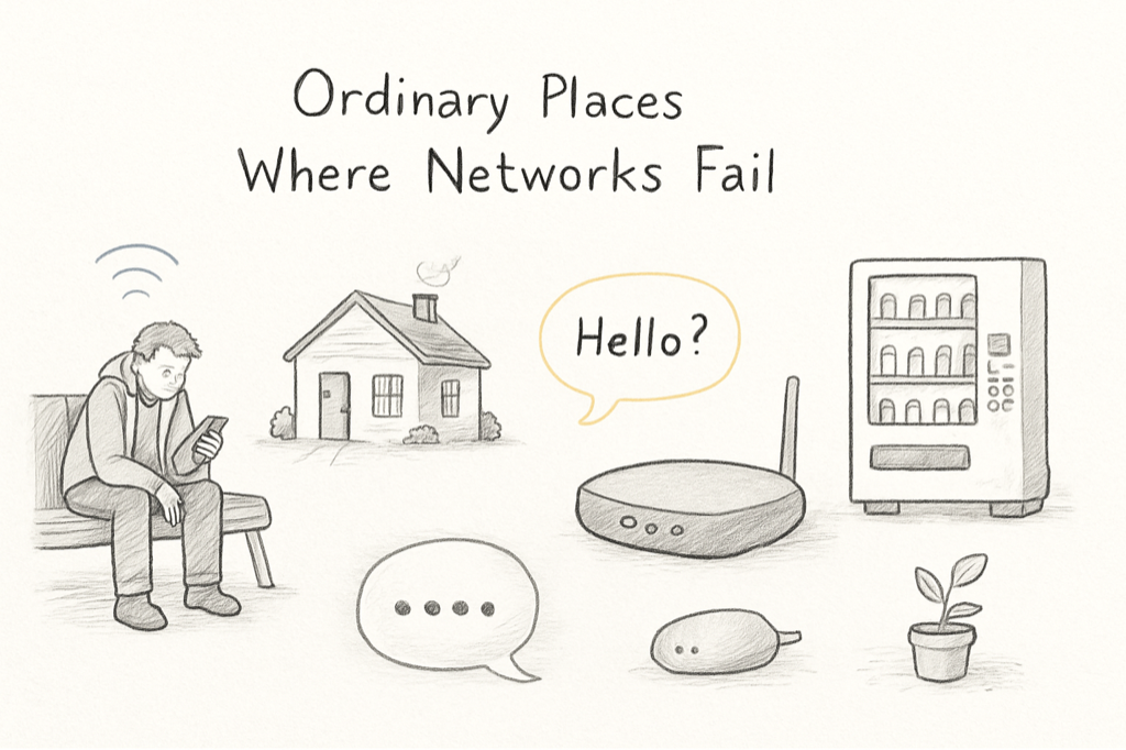 A loose notebook composition of five small sketch vignettes — an airport, a train tunnel, a hotel room desk, a café table, and a conference hall — each annotated with a faint crossed-out wifi mark.