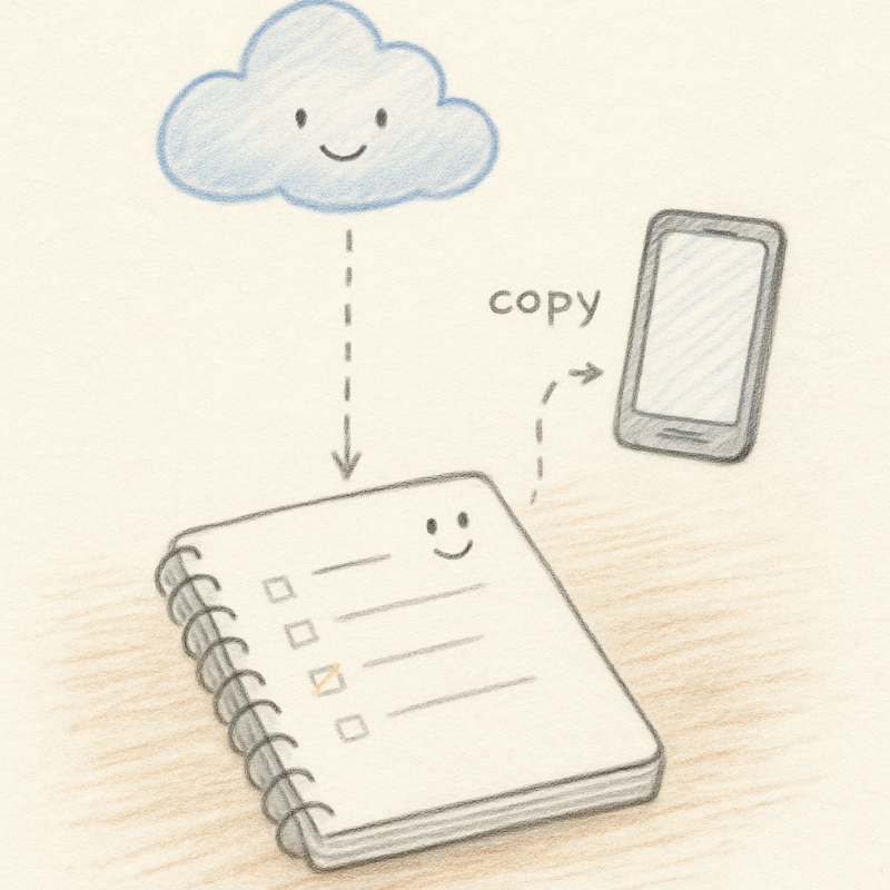 A playful hand-drawn doodle: a large open notebook with a friendly face sits in the centre as the source of truth, a small smiling pastel-blue cloud hovers above as a polite courier, and a smaller phone stands to the side receiving a labeled 'copy' from the cloud.